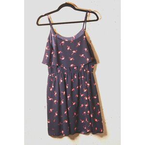 Elle Womens Sundress Navy Blue Pink Flamingo Flounce Spaghetti Straps Size M